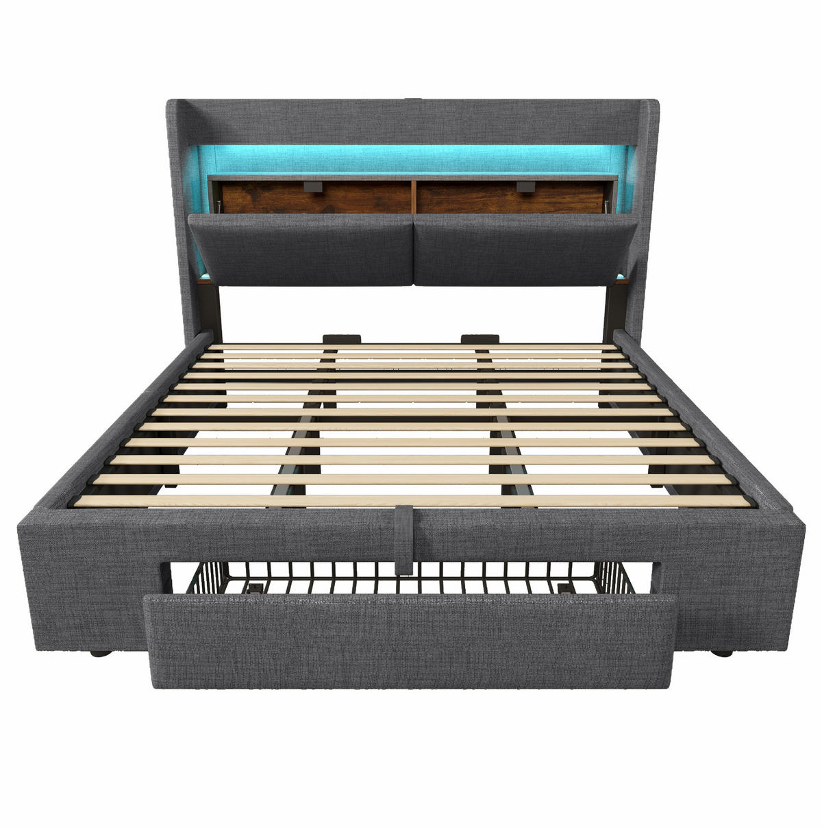 POLSTERBETT aus Leinen 180x200 cm Grau mit Bettkasten, LED-Beleuchtung, USB- und USB-C-Anschluss - Grau, Textil (180/200cm) - IVMEU