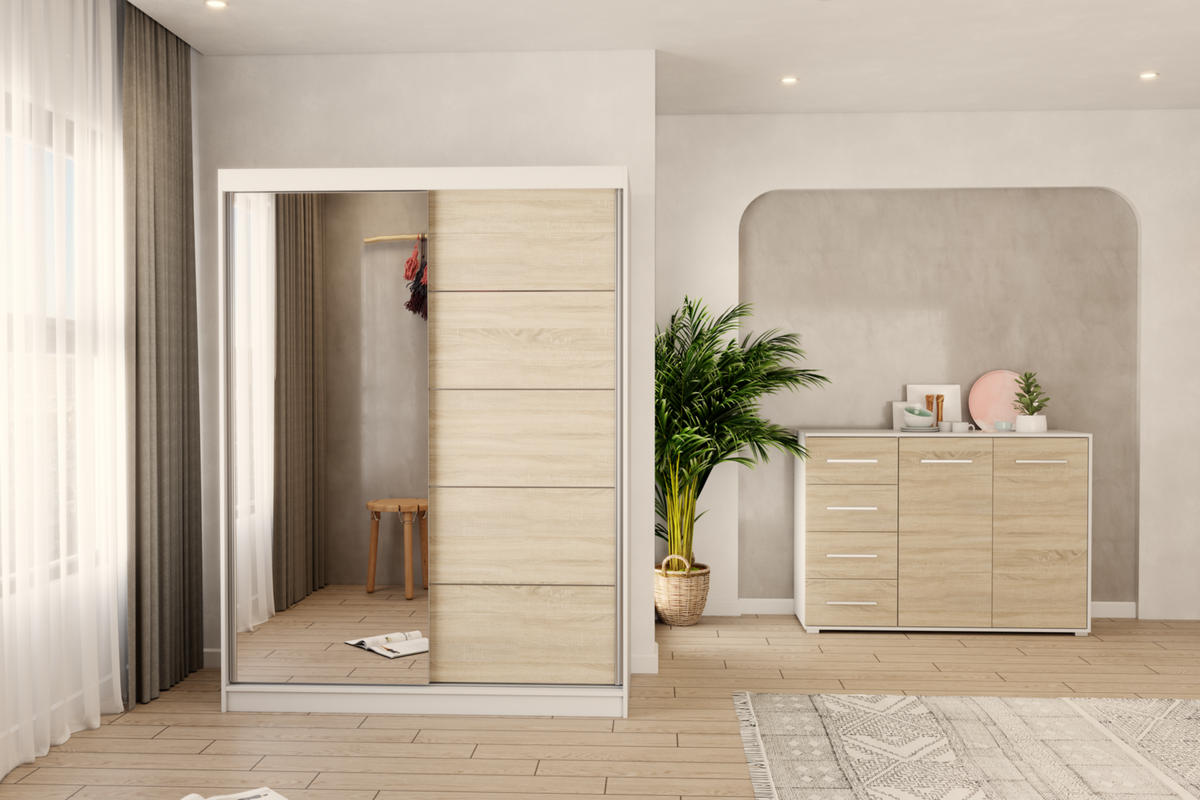 KOMMODE - Highboard IRYS 01 2D4S Weiß + Sonoma - Weiß/Sonoma Eiche, Holzwerkstoff (135/95/45cm) - Möblo