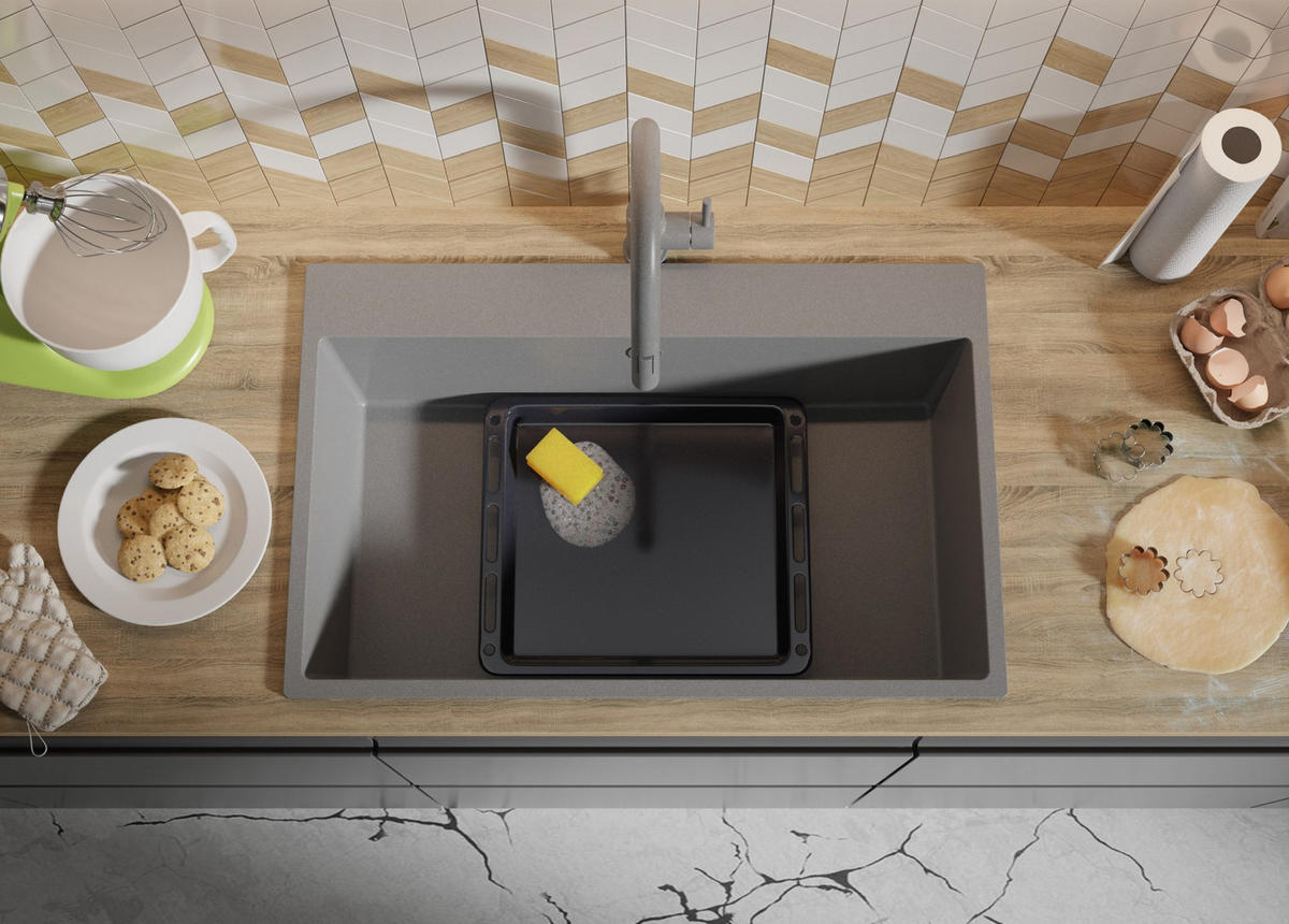 SPÜLBECKEN Riga, 2-er set Grau 78/50 cm 1 Becken + Ablauf-Set ab 80er Unterschrank - Chromfarben/Grau, Kunststoff (78/20/50cm) - Primagran