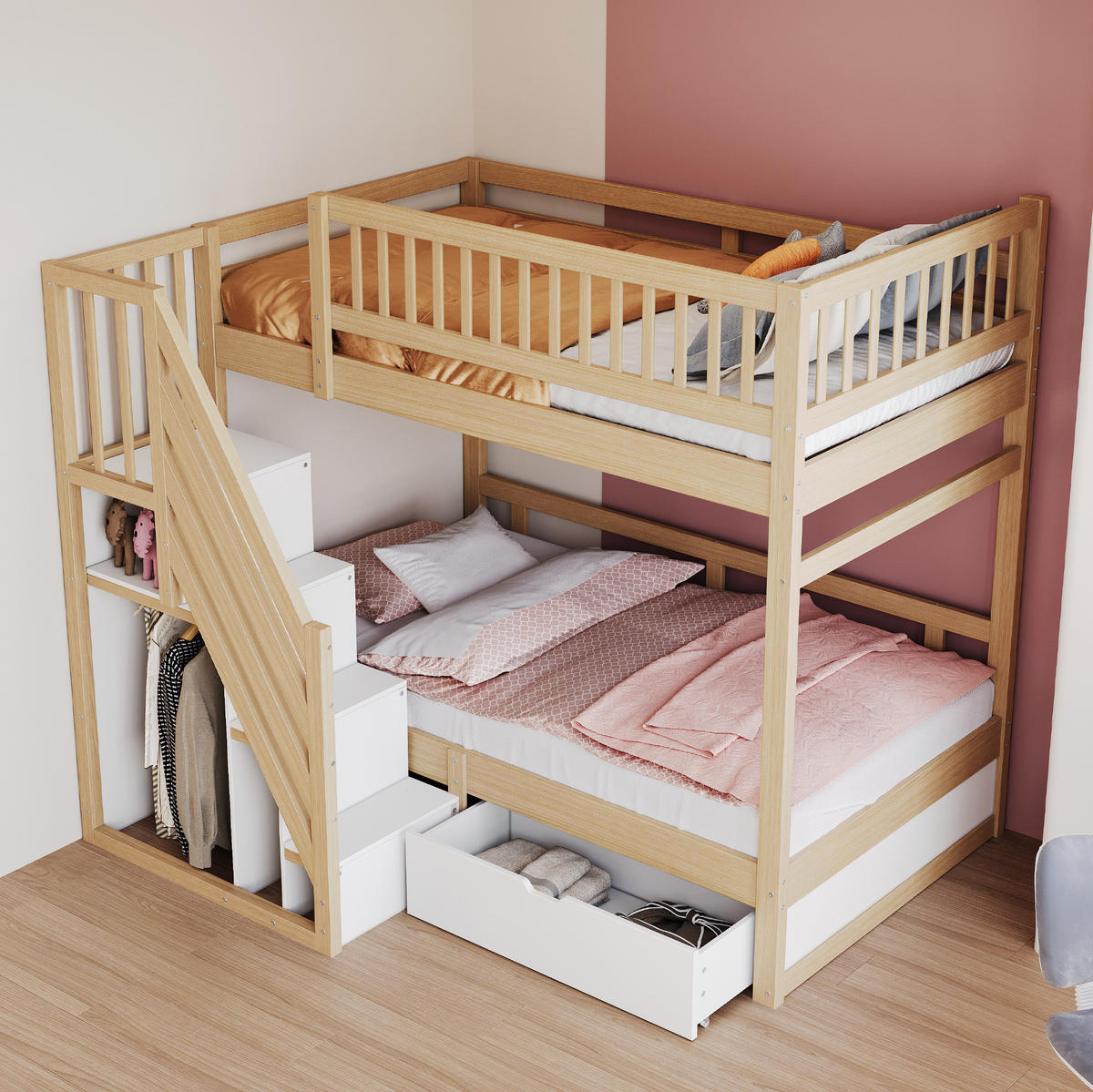 ETAGENBETT 90/200 cm aus Massivholz mit Stauraumtreppe und Schublade Naturfarben/Weiß - Naturfarben, Holz (90/200cm) - Modenvie
