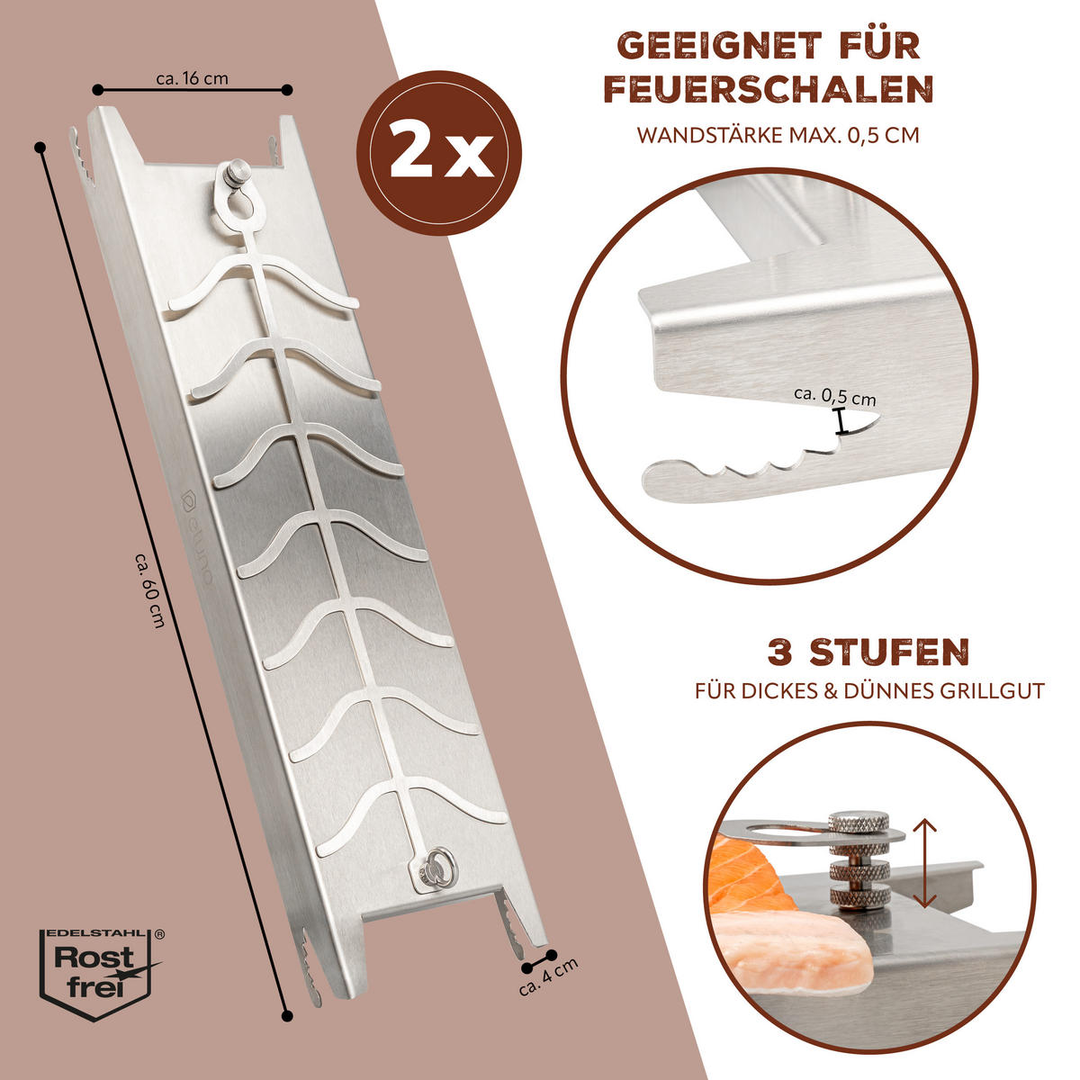 FLAMMLACHSBRETT aus Edelstahl - Edelstahlfarben, Metall (16/60/4cm) - eluno