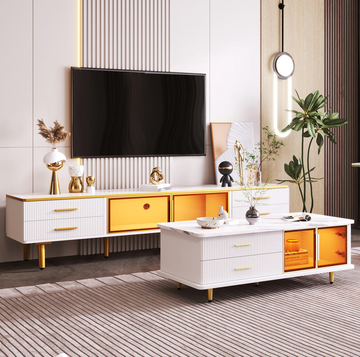 TV-SCHRANK 170/37/47,5 cm weiß mit 4 Schubladen und zwei Türen aus gehärtetem Glas - Weiß, Holzwerkstoff (170/47.5/37cm) - OKWISH
