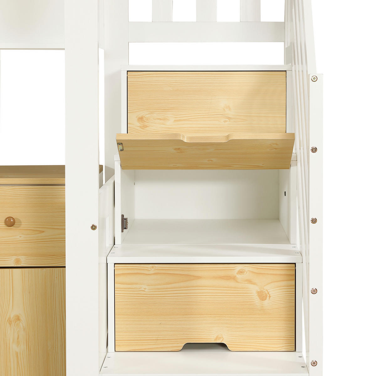 HOCHBETT 90/200 cm in Weiß & Natur mit Schreibtisch, Schubladen, Stauraumtreppe und Hängeregal - Weiß, Holzwerkstoff (90/200cm) - STILVORA