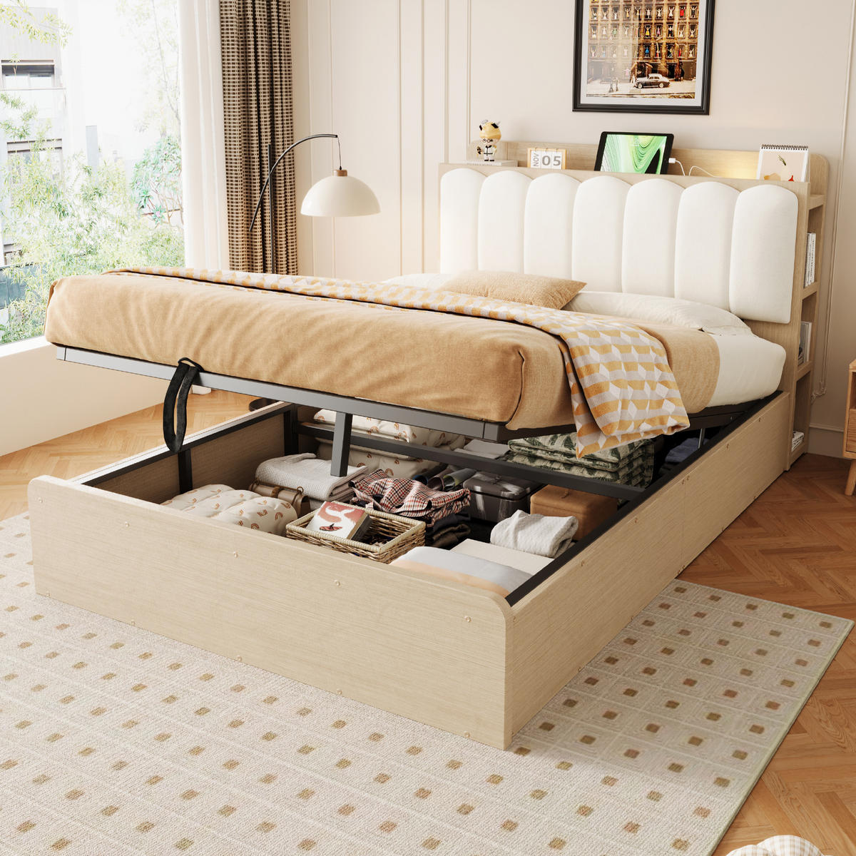 BETT 140/200 cm in Naturfarben mit Bettkasten, USB und Ablage Holz Design - Weiß/Naturfarben, Holzwerkstoff/Textil (140/200cm) - STILVORA