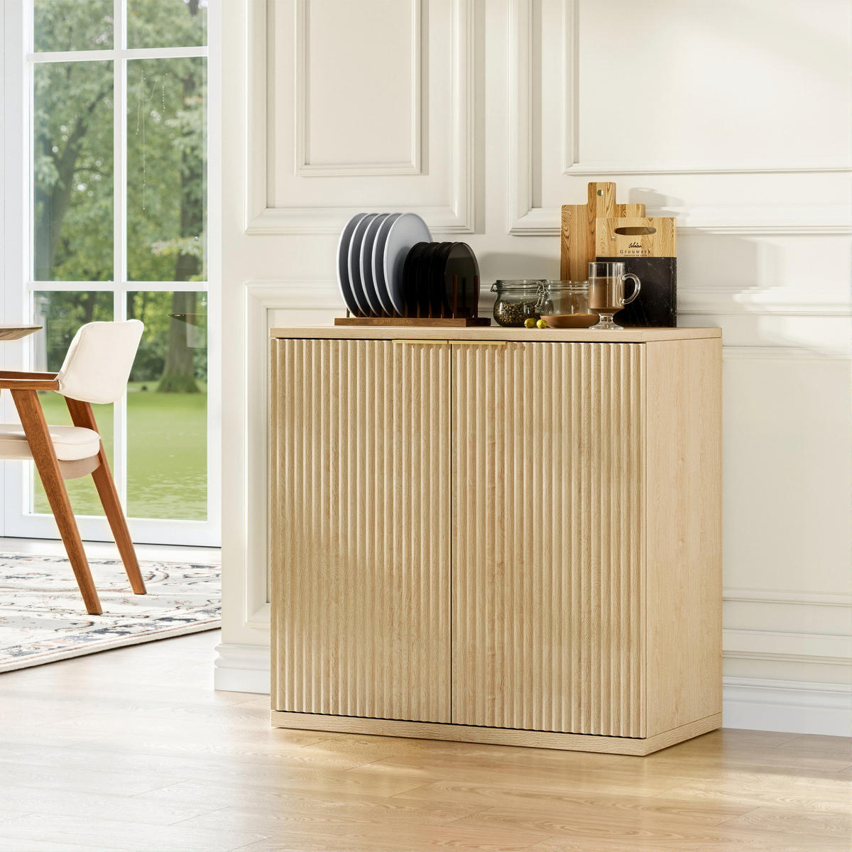 SIDEBOARD in Heller Holzoptik mit Geriffelter Front, Beige - Beige, Holzwerkstoff (40/80cm) - Urban Meuble