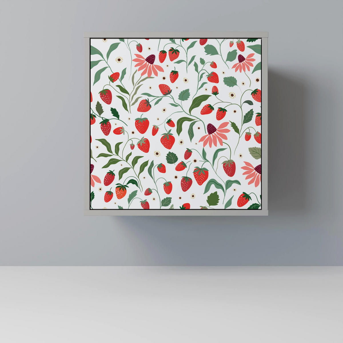 SIDEBOARD FLOWERS AND STRAWBERRIES, Grau, 57,5x42x75,5 cm, Goldfarbene Metallfüße - Goldfarben/Multicolor, Holzwerkstoff/Metall (57.5/75.5/42cm) - SpaceRebels