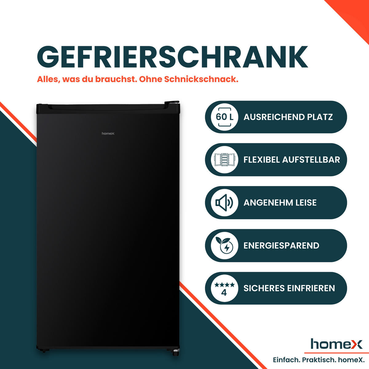 GEFRIERSCHRANK klein - 60L Nutzinhalt, 4-Sterne Gefrieren, kompakt, freistehend, schwarz, FS1016-B - Schwarz, Kunststoff/Metall (47.5/85/45cm) - homeX
