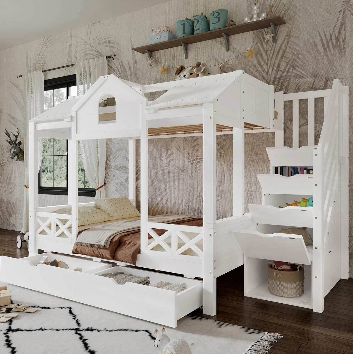 ETAGENBETT aus Kiefer/MDF 254,5x145x170 cm Weiß mit 2 Schubladen, Treppenschrank und Spielhaus-Design - Weiß, Holzwerkstoff (90/200cm) - Modfu