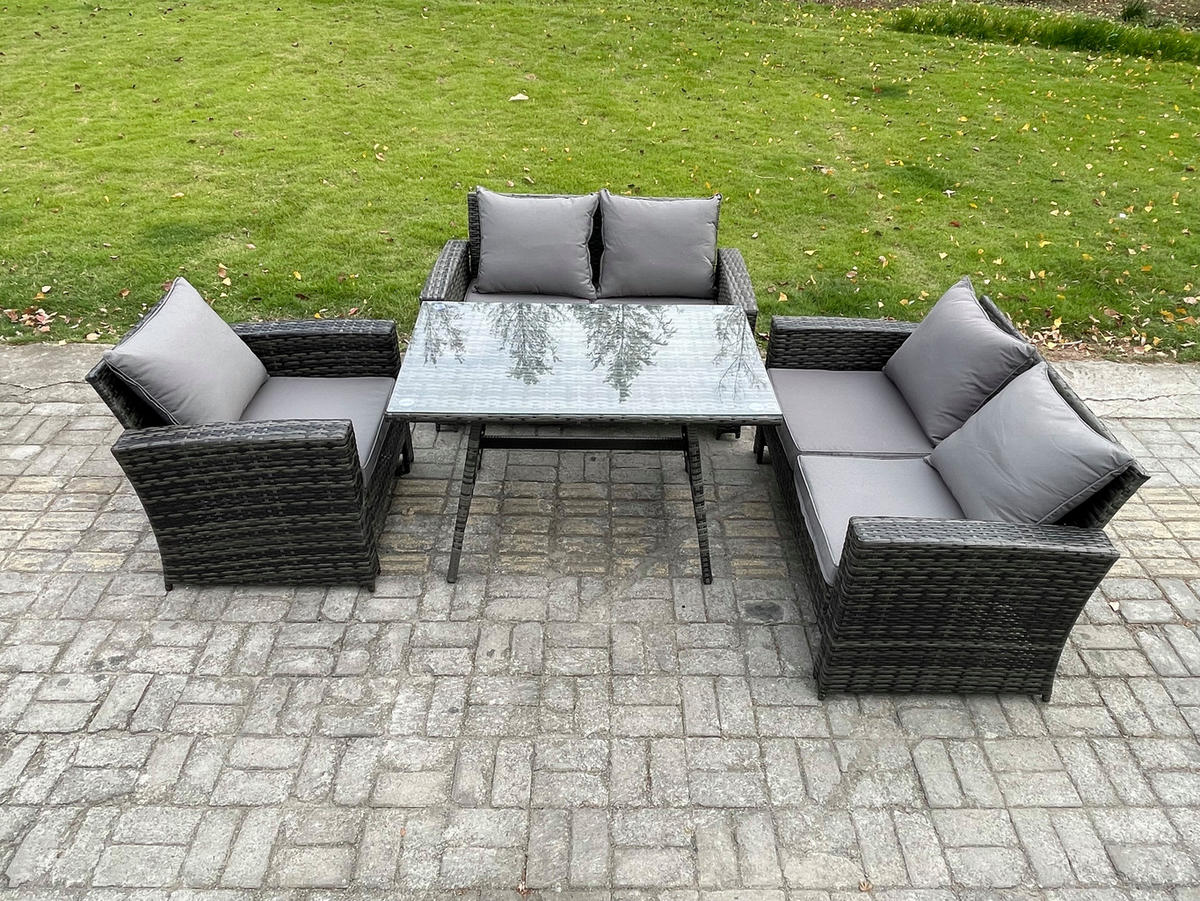 GARTENMÖBELSET mit ESSTISCH,HOCHLEHNER-SOFA Polyrattan Dunkelgrauer Mix 5-Sitzer - Dunkelgrau/Grau, Glas/Kunststoff - Fimous