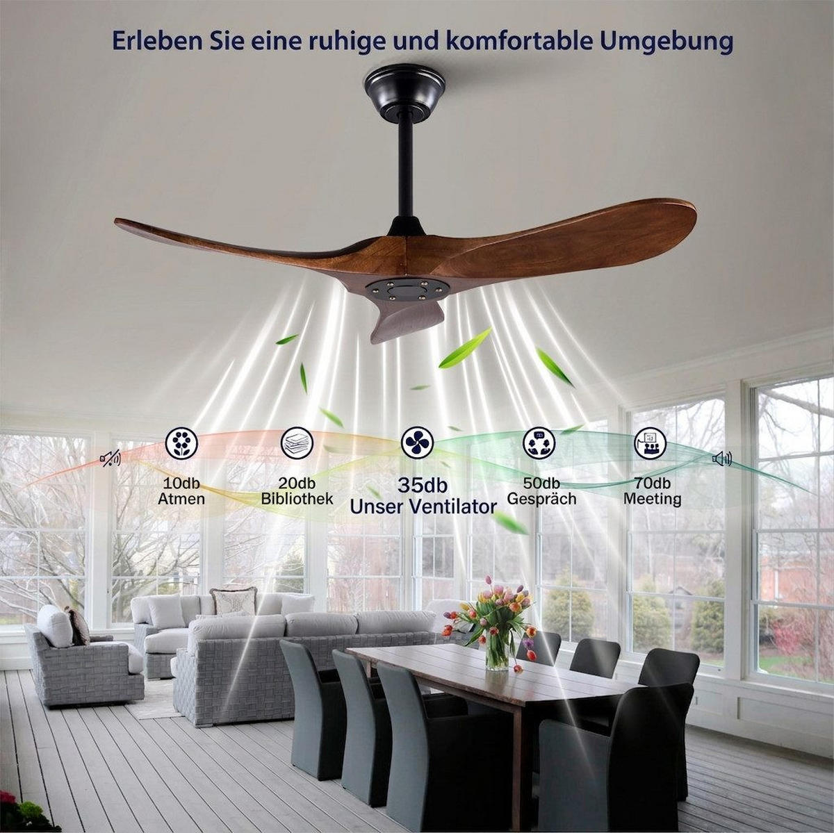 DECKENVENTILATOR & 3 Holzflügeln, Speicherfunktion, Fernbedienung - Braun, Holzwerkstoff (107/107/51cm) - Gisaae