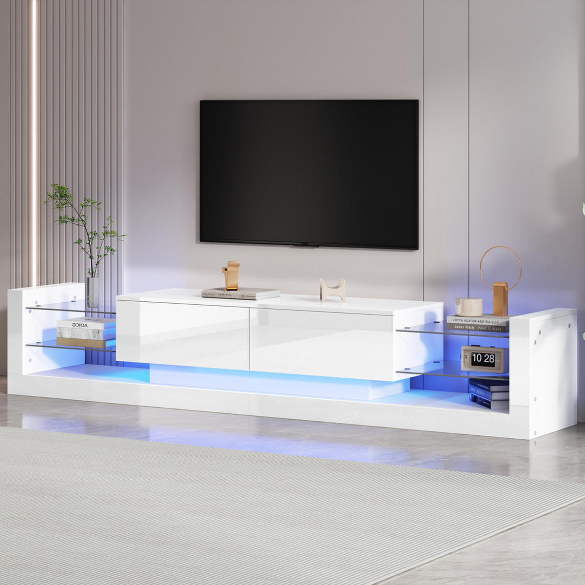 TV-SCHRANK 181cm LED Weiß Glas 70-79 Zoll 2 Schubladen - Weiß, Holz (45.72/15.88/101.6cm) - FLIEKS