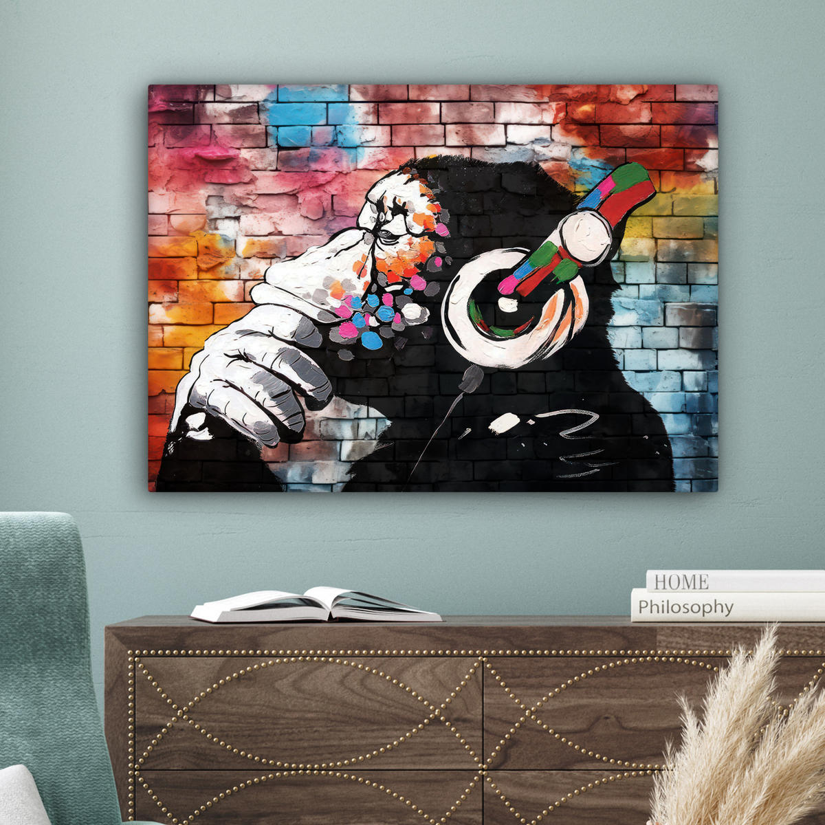 LEINWANDBILD Affe - Graffiti - Musik Wandbilder 80x60 cm - Multicolor, Textil (80/60cm) - MuchoWow