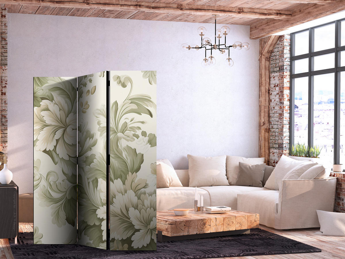 PARAVENT Beidseitig Bedruckter 3-tlg 135x172 cm Retro Pflanzen - Beige, Holz/Textil (135/172/3cm) - Muralo
