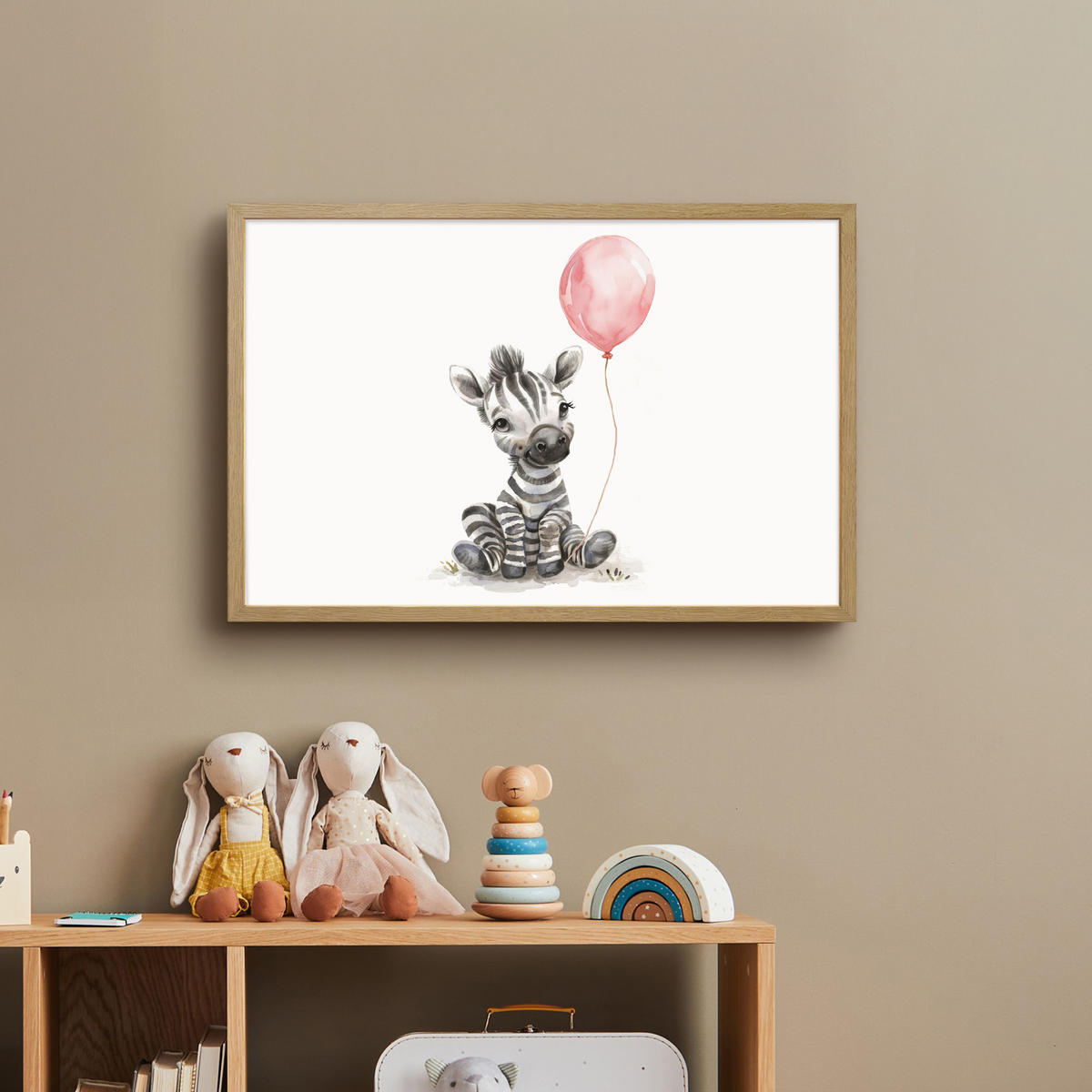 WANDLEUCHTE MIT AKKU Zebra - Baby - Tiere - Rosa Luftballon 60x40 cm - Weiß, Holzwerkstoff (60/40/8cm) - OnlyWow