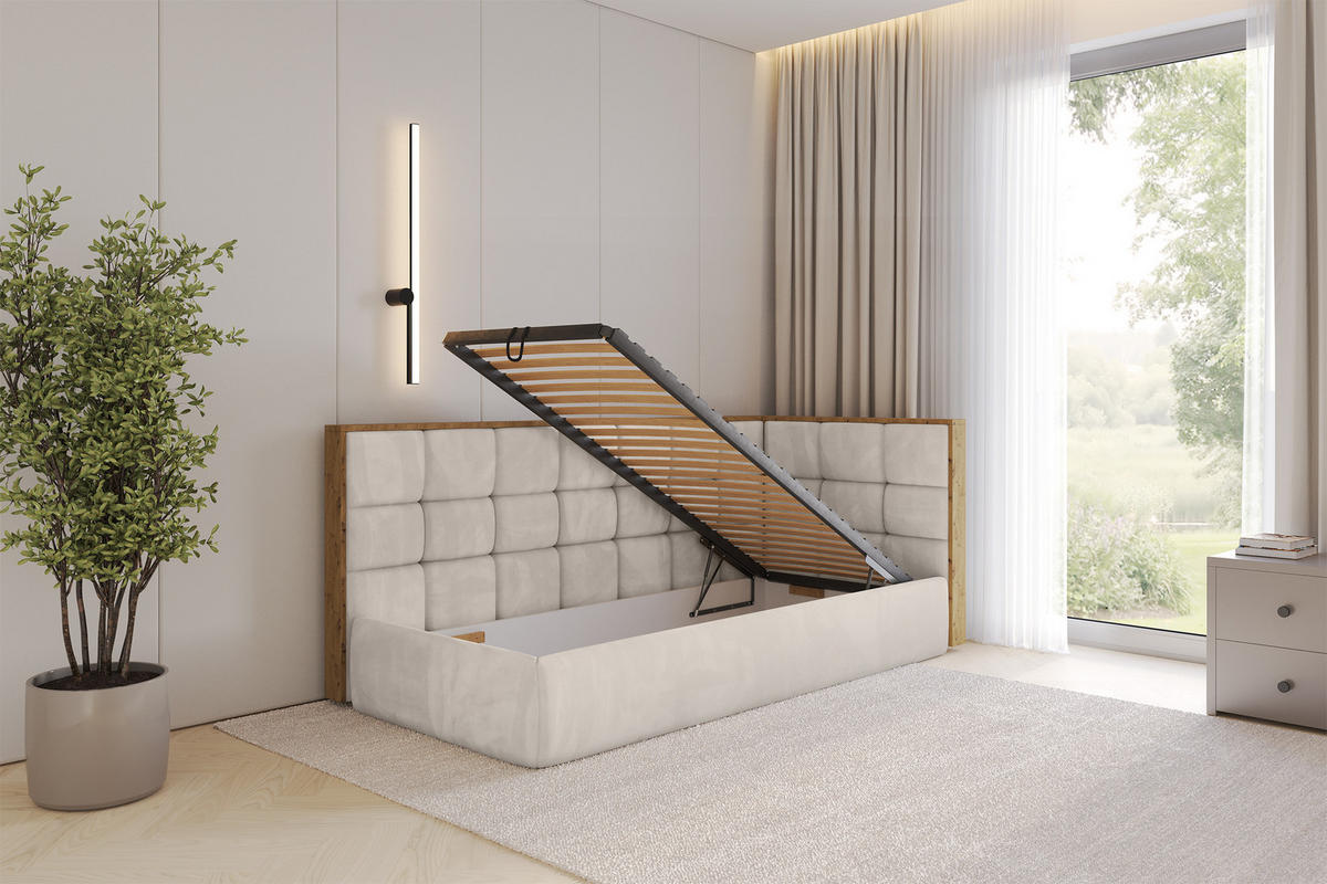 EINZELLBETT Jugendbett mit Bettkasten und Matratze H3/H4, Links - SOVY 90x200 Beige - Ecru, Holzwerkstoff/Textil (90/200cm) - ALTDECOR