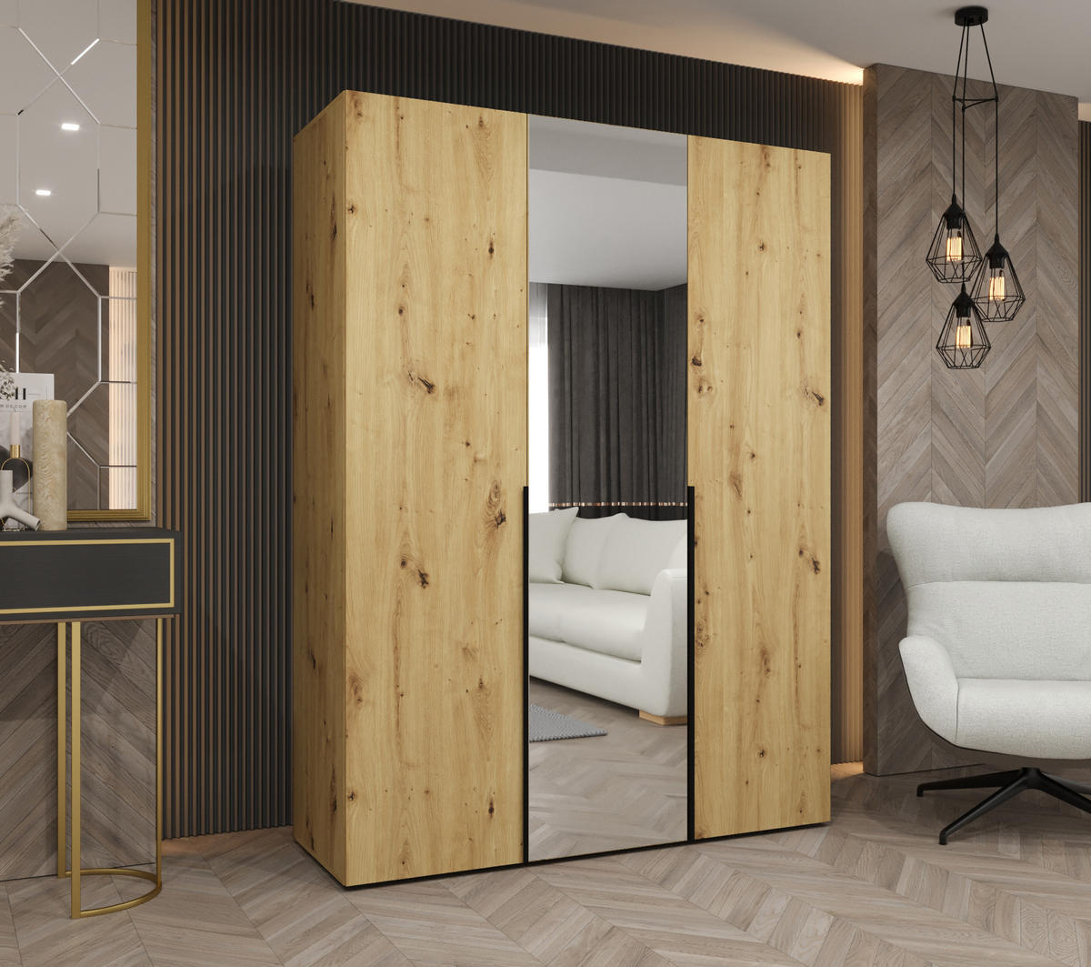 DREHTÜRENSCHRANK 202/150/52 3-türig - Schwarz/Eiche Artisan, Holz (150/202/52cm) - Abiks Möbel