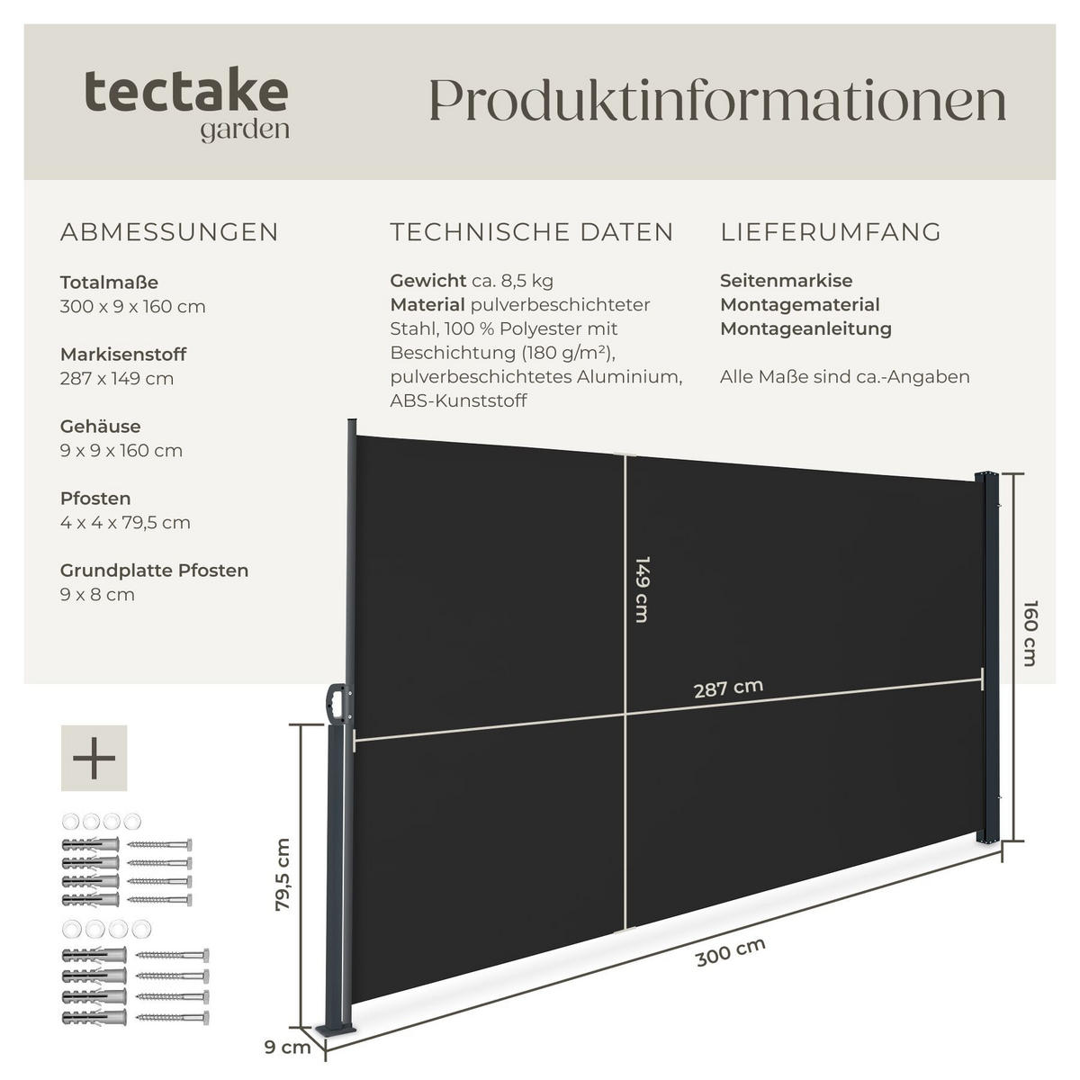 SEITENMARKISE , ausziehbar, mit Aufrollmechanismus, schwarz - Schwarz, Kunststoff (300/160/9cm) - tectake