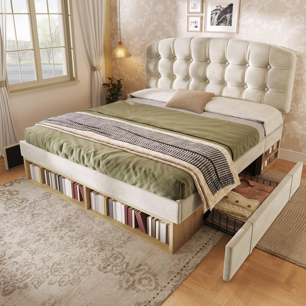 POLSTERBETT & 2 Schubladen Gepolstertes Kopfteil - Beige, Textil (140/190cm)