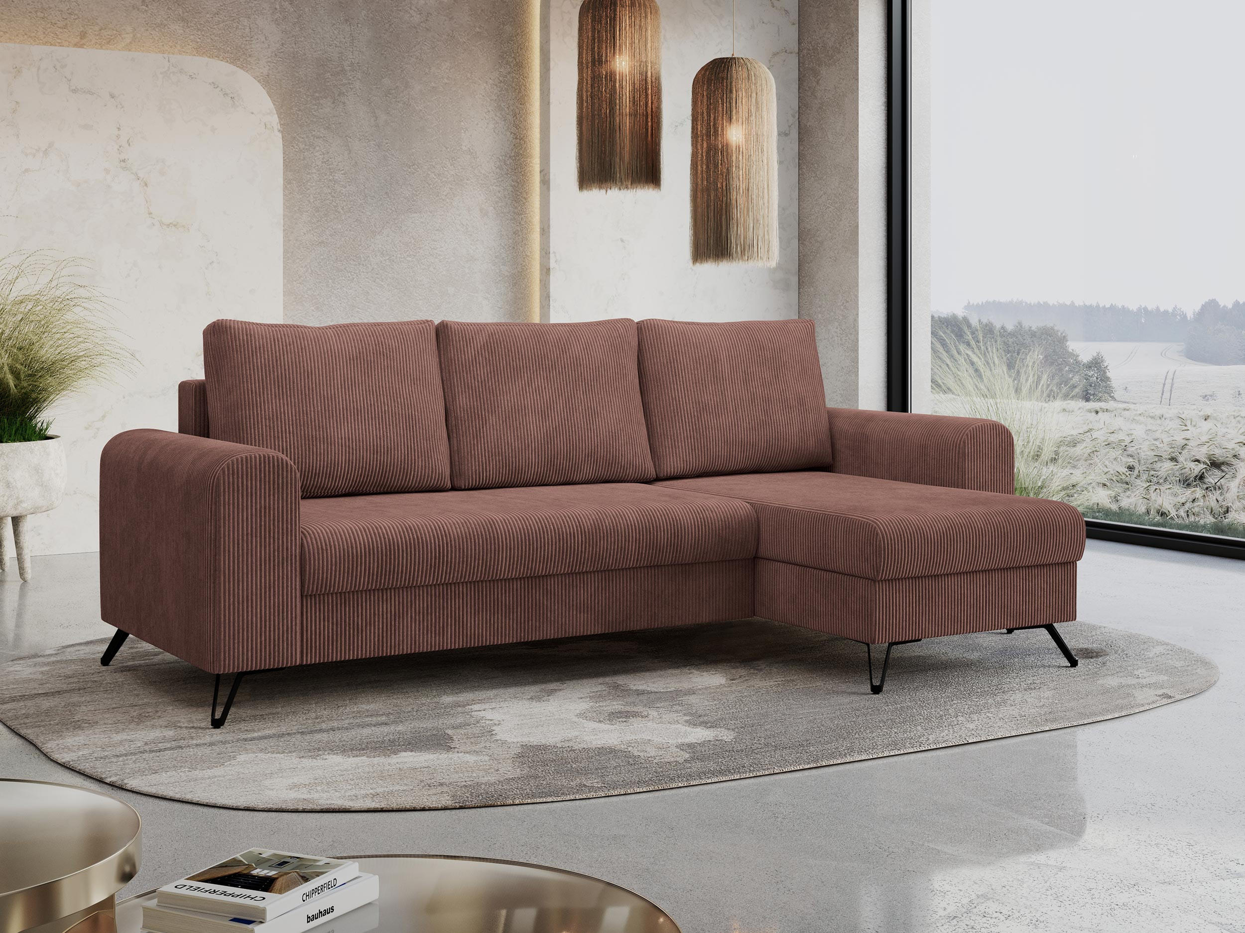 ECKSOFA Hugo Cord Braun - Schwarz/Braun, Textil/Metall (242/140cm) - MKS