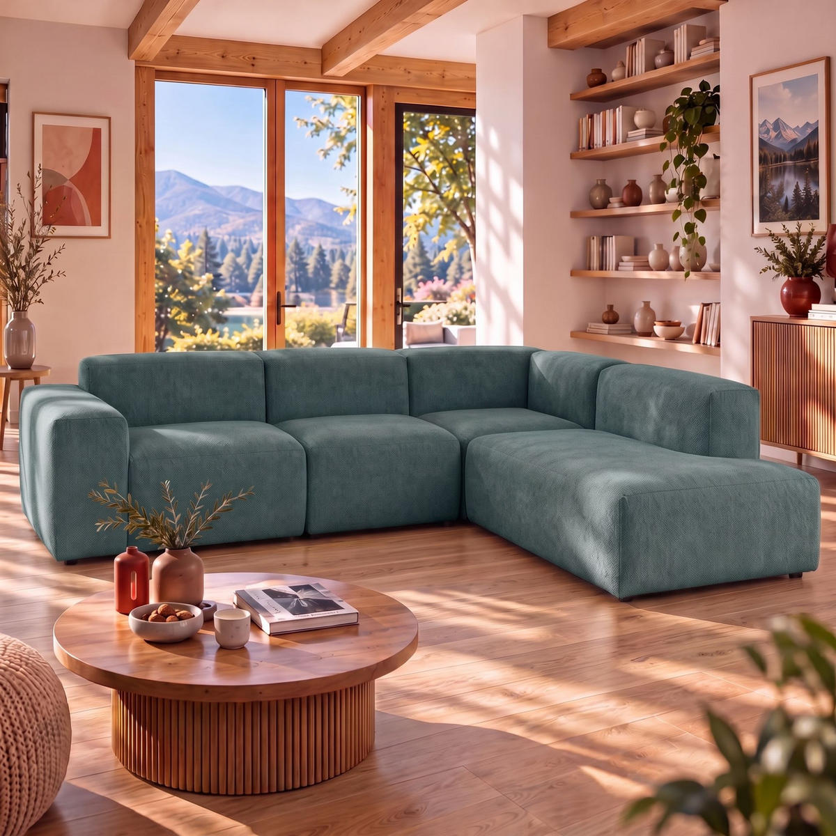 4-SITZER modulares Ecksofa HEAVEN SET 2 Rechts, Breite 300 cm Webstoff Dunkelgrün - Dunkelgrün/Schwarz, Holz/Kunststoff (245/300cm) - Muffo