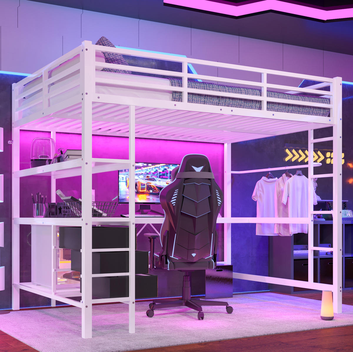 HOCHBETT aus Metall und MDF 140x200 cm Weiß mit LED-Beleuchtung, Schreibtisch, USB, Steckdose und 3 Schubladen - Weiß, Metall (140/200cm) - Modfu