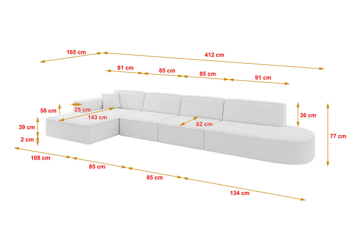 ECKSOFA Ottomane Links IREA-L3-v4 - 412x165x77 cm Weiß - Weiß, Holzwerkstoff/Textil (412/165cm) - ALTDECOR