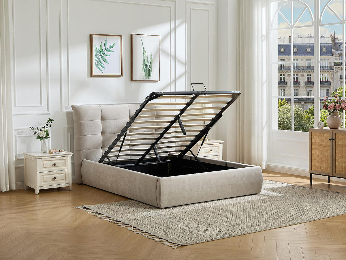 BETT mit Bettkasten - 2 Personen - stoff - beige Dormelina - Beige, Textil (140/190cm) - Vente-Unique