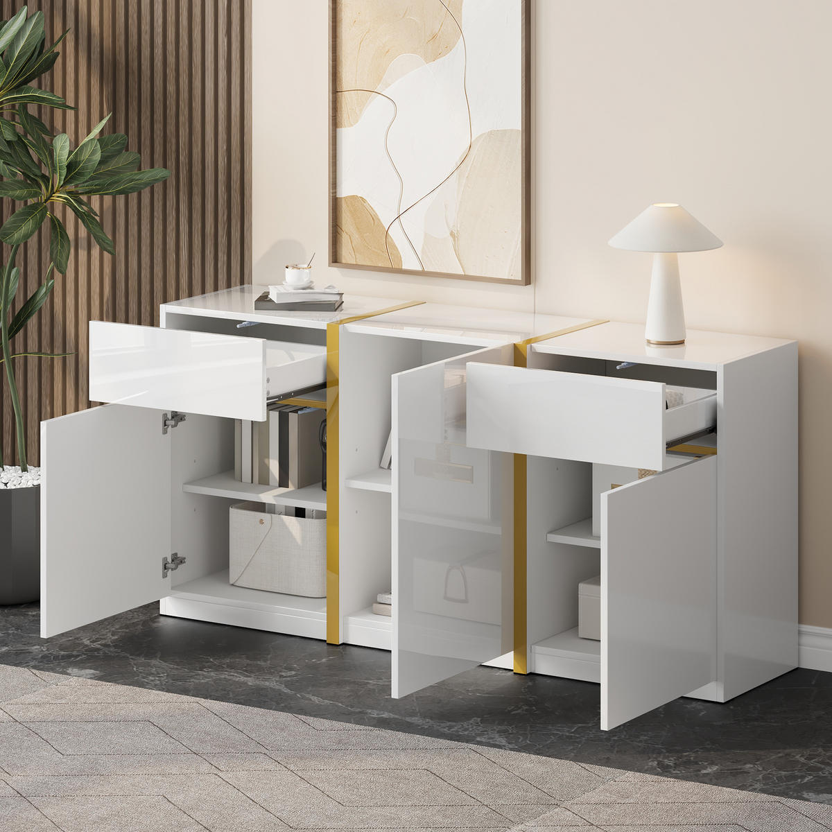 SIDEBOARD Hochglanz 3 Türen 2 Schubladen modern - Weiß, Holz (160/78/40cm) - LEBENLANG