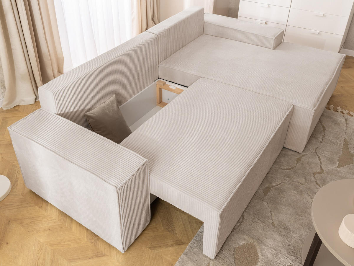 ECKSOFA Rivio mit Schlaffunktion und Bettkasten, Cordstoff Beige - Beige/Schwarz, Holz/Kunststoff (262/149cm) - S-Style