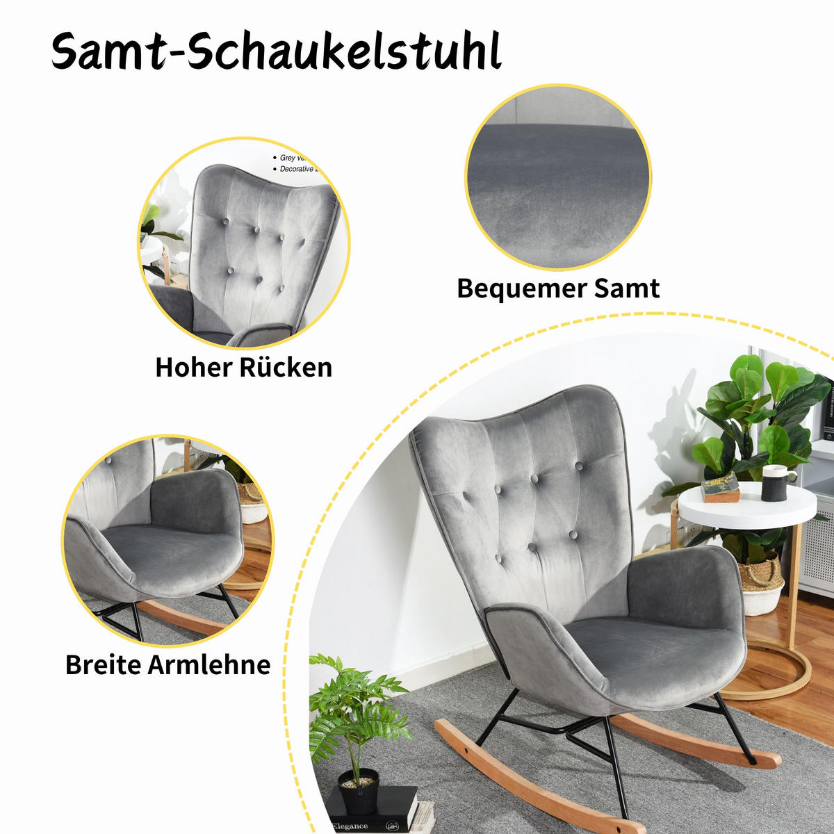 SCHAUKELSESSEL Samt Grau - Eichefarben/Grau, Holz (87/98/68cm) - Urban Meuble