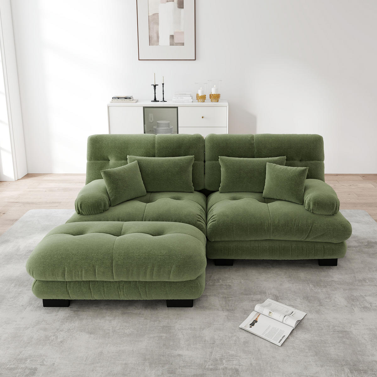 ECKSOFA aus Chenille 145x220x81 cm in Grün mit Ottomane & Kissen - Grün, Textil (145/81/220cm) - Modfu