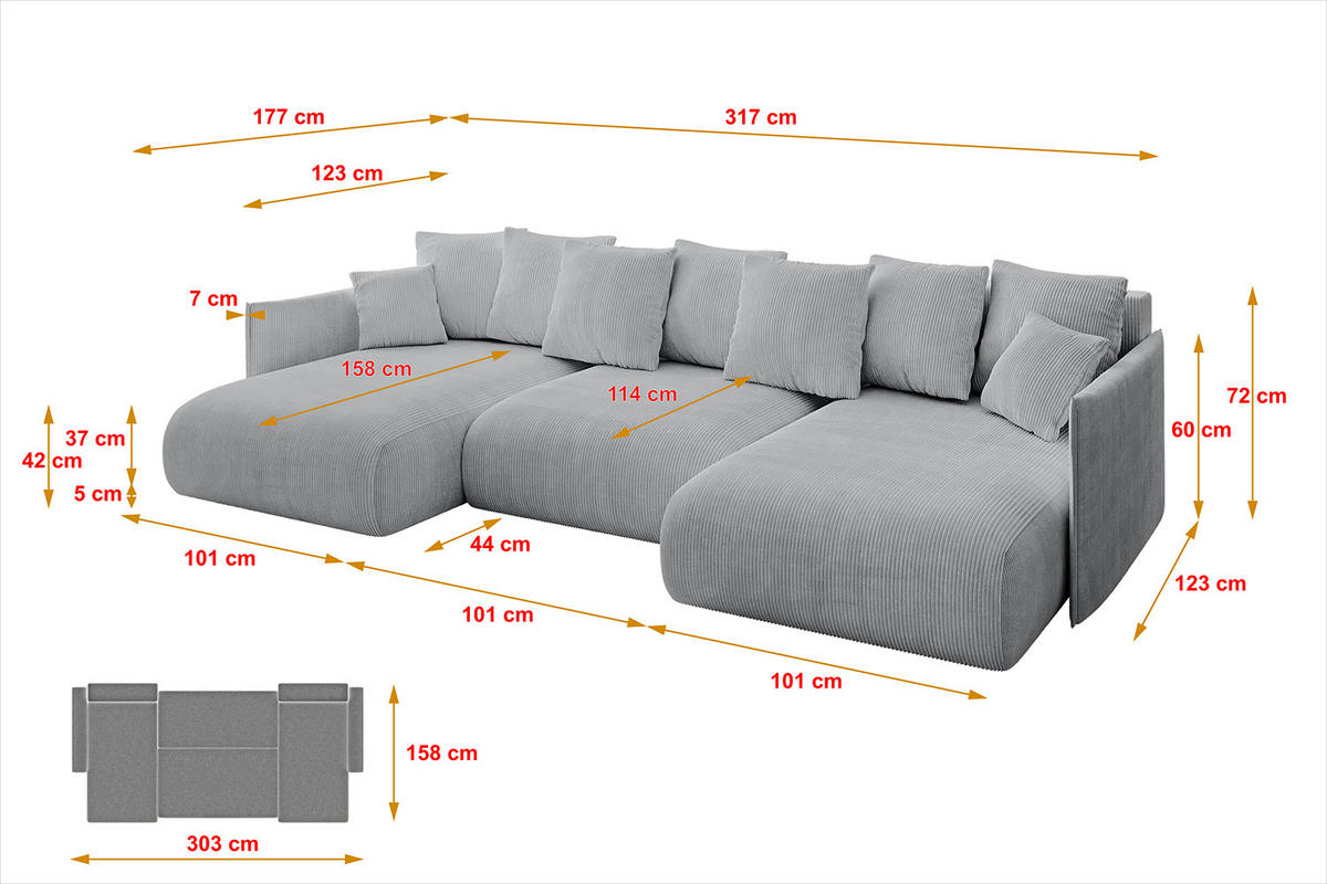 WOHNLANDSCHAFT mit Schlaffunktion und Bettkasten ONESK-U 317x177x72 Grau Cord - Grau, Holzwerkstoff/Kunststoff (317/72/177cm) - ALTDECOR