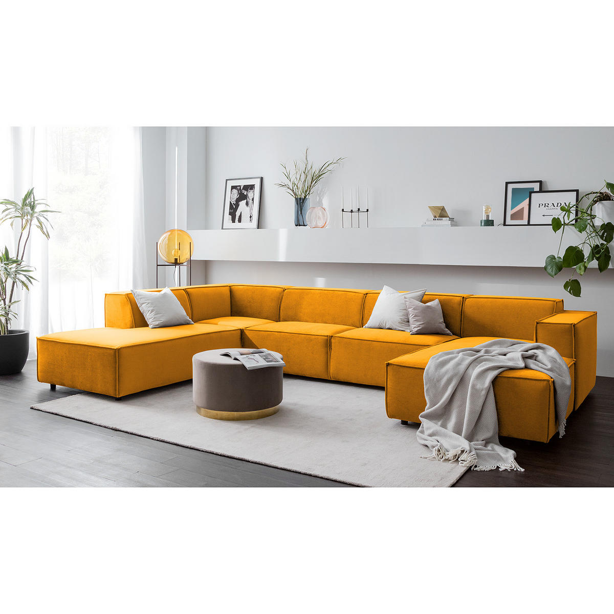 WOHNLANDSCHAFT mit Longchair & Ottomane - Gelb/Schwarz, Kunststoff/Textil (369/70/234cm) - home24