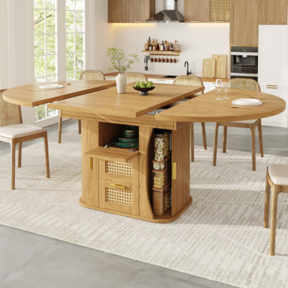 ESSTISCH Ausziehbarer 118-158×118×77,1 cm aus MDF und Metall mit Rattan-Schubladen, naturfarben - Naturfarben, Holzwerkstoff (158/118/77.1cm) - Luhomfu
