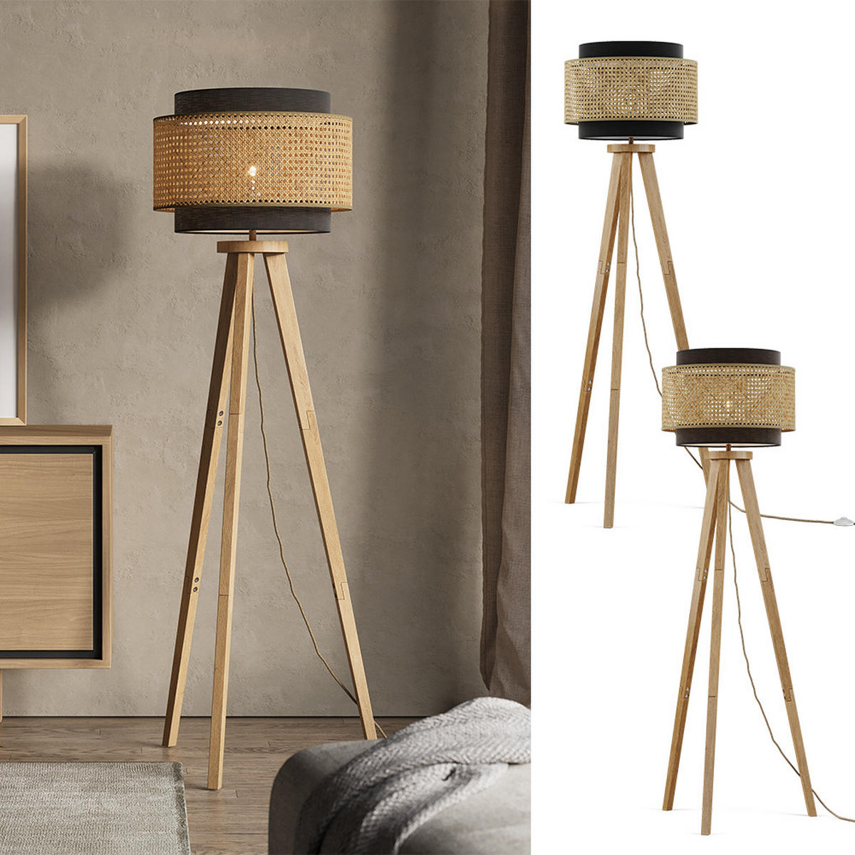 TALNA SVETILKA Morten Ratan/črna - črna, les (45/45/142cm) - Vicco