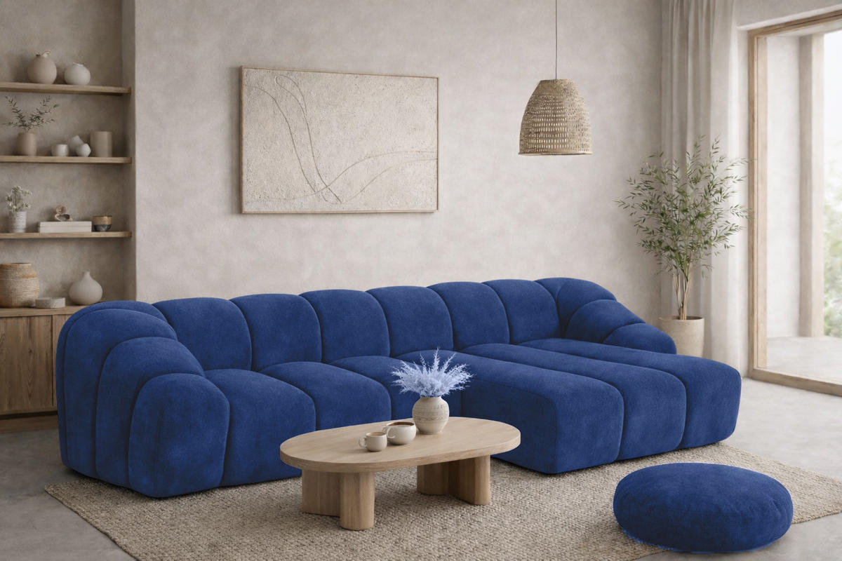 ECKSOFA Modulare L-Form, Veloursstoff Bluvel, Tintenblau, Rechts, CROISSANT L - Blau, Holz (305/190cm) - Kaiser Möbel