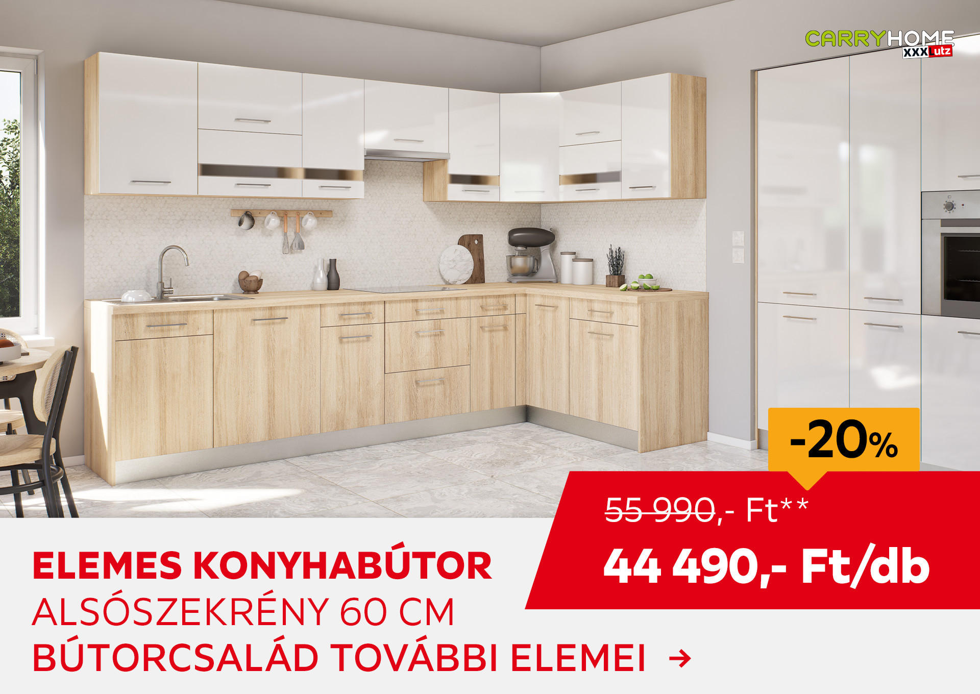 "Elemes konyhabútor Alsószekrény 60 cm Kiemelt termék 55990 Ft.- helyett 44490 Ft.-"