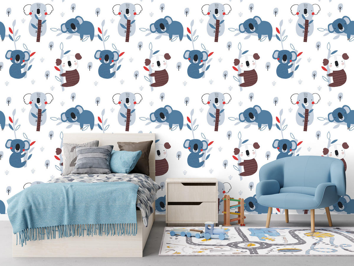 VLIESTAPETE Koalas und Bäume – Blau, Braun, Weiß – 50x1000 cm - Blau/Braun, Papier (50/1000cm) - Muralo
