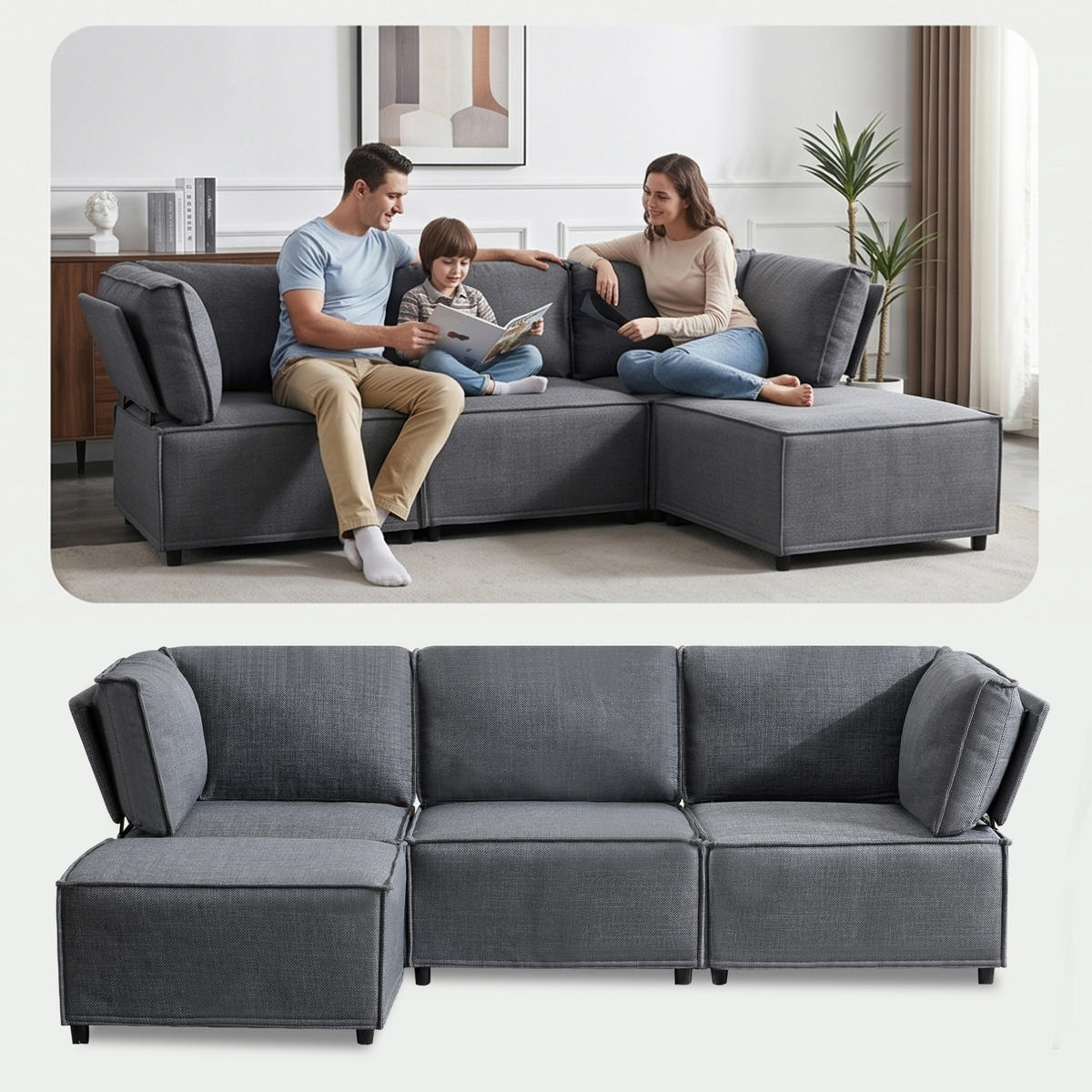 ECKSOFA DE-35021 modular Dunkelgrau - Dunkelgrau, Holzwerkstoff (154/238cm) - ComfortXL
