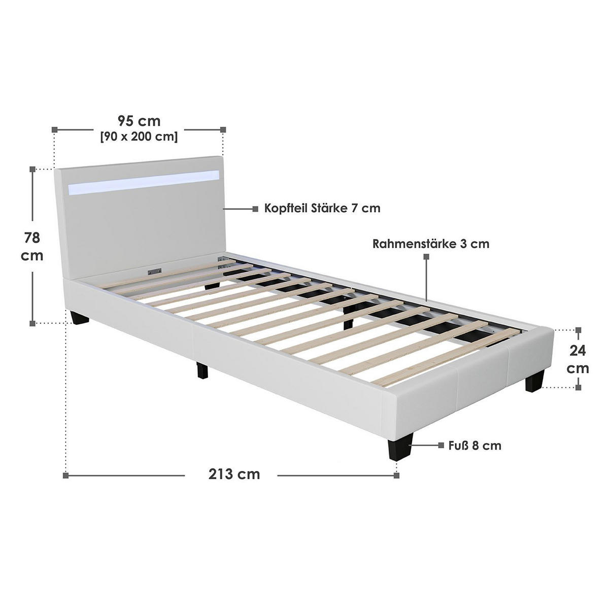 POLSTERBETT Verona mit LED weiß 90x200cm - Weiß, Holz (95/200cm) - Juskys