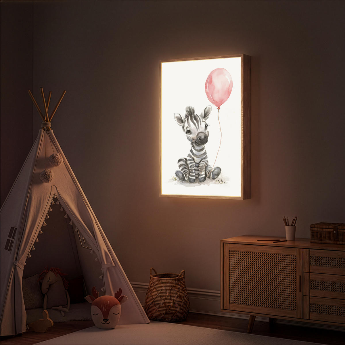 NACHTTISCHLAMPE MIT AKKU Zebra - Baby - Tiere - Rosa Luftballon 70x100 cm - Weiß, Holzwerkstoff (8/70/100cm) - OnlyWow