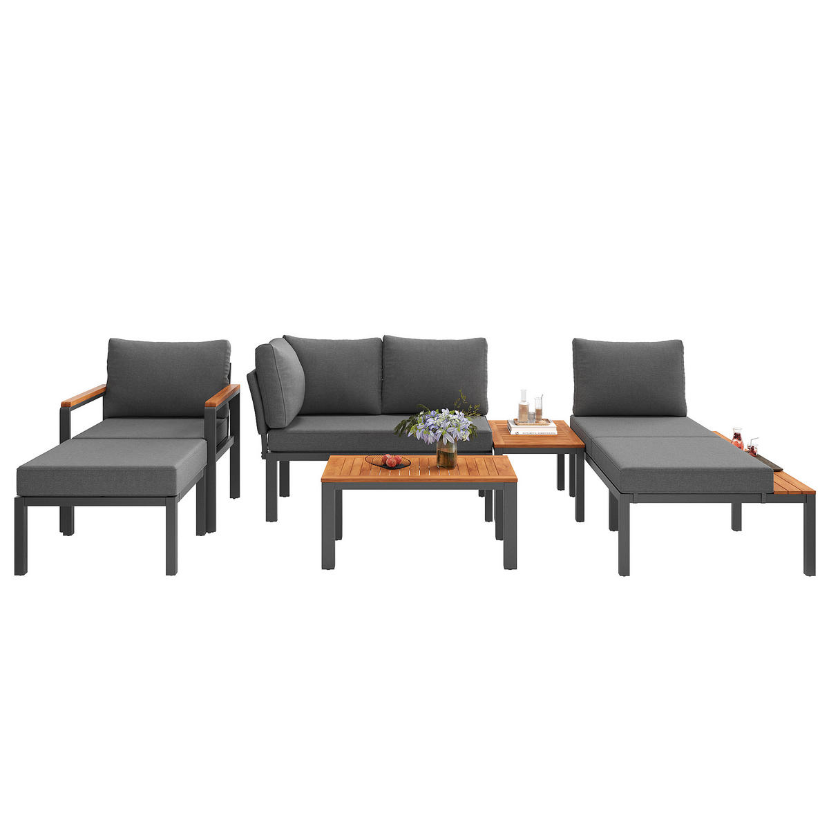 GARTENLOUNGE 150/76/65 cm grau aus Akazienholz und Eisen modular mit Tischen - Grau, Metall - OKWISH