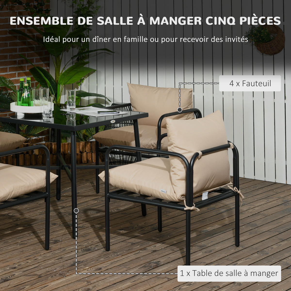 GARTENTISCHGRUPPE DE-18105 mit 12 cm dicken Polsterkissen Schwarz/Beige - Schwarz, Metall - ComfortXL