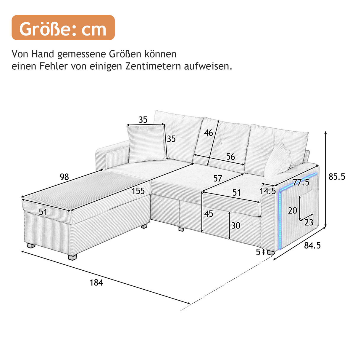 SOFA L-Form mit LED und Hocker Cord Beige 5-Kissen-Set - Beige, Kunststoff (184/84.5cm) - IVMEU
