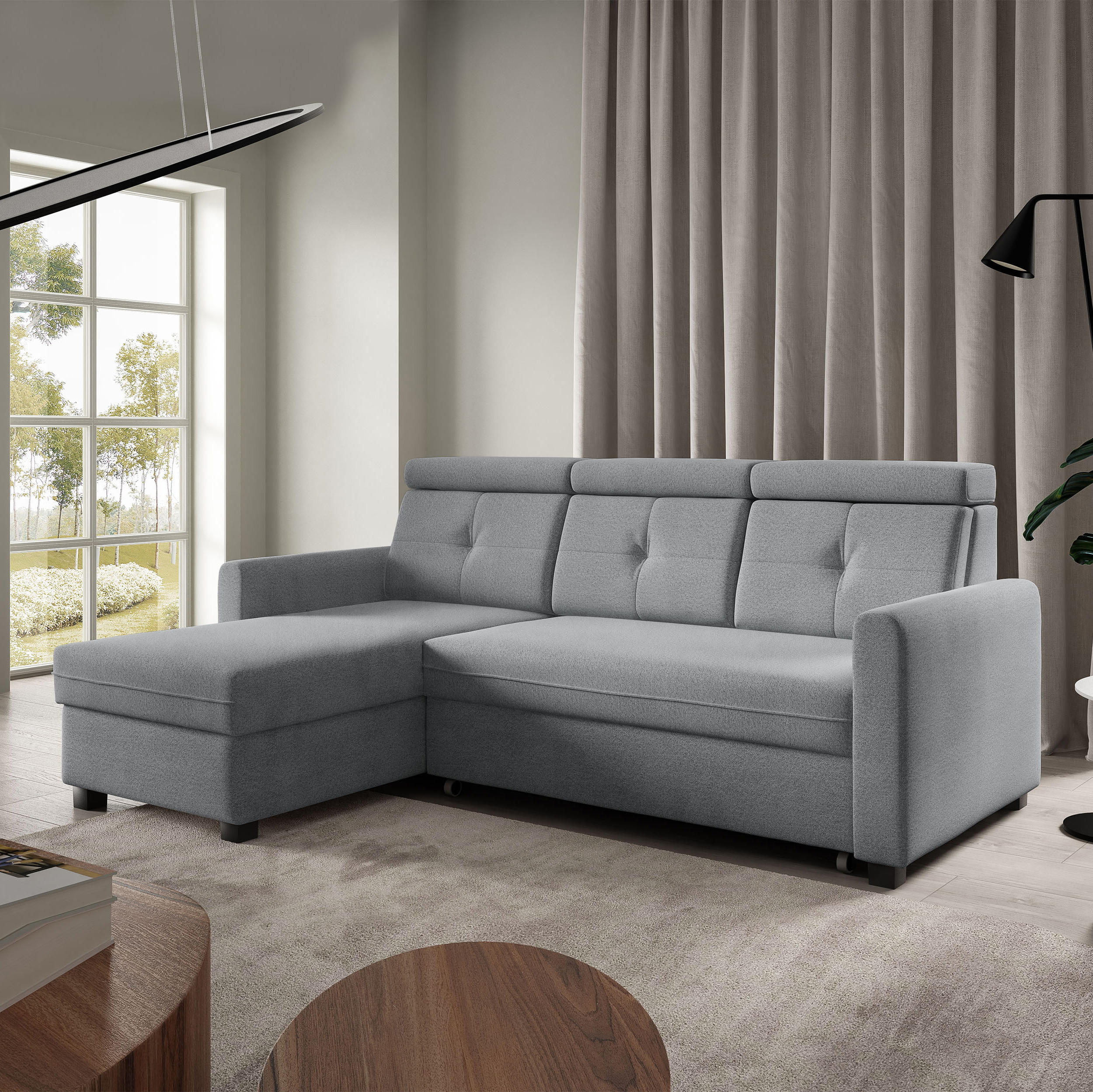 ECKSCHLAFSOFA Milano, Hellgrau, links - Hellgrau/Schwarz, Textil (217/166cm) - Beautysofa