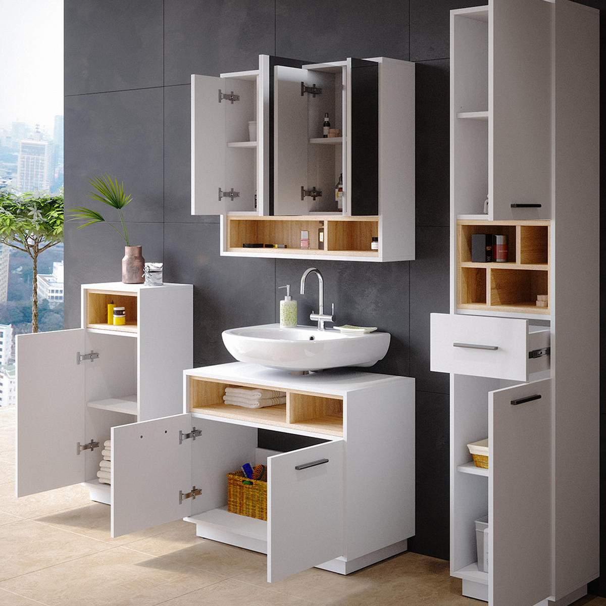 BADMÖBEL-SET Beatrice Weiß 4 Teile - Weiß/Sonoma Eiche, Holzwerkstoff (80/64/40cm) - Vicco