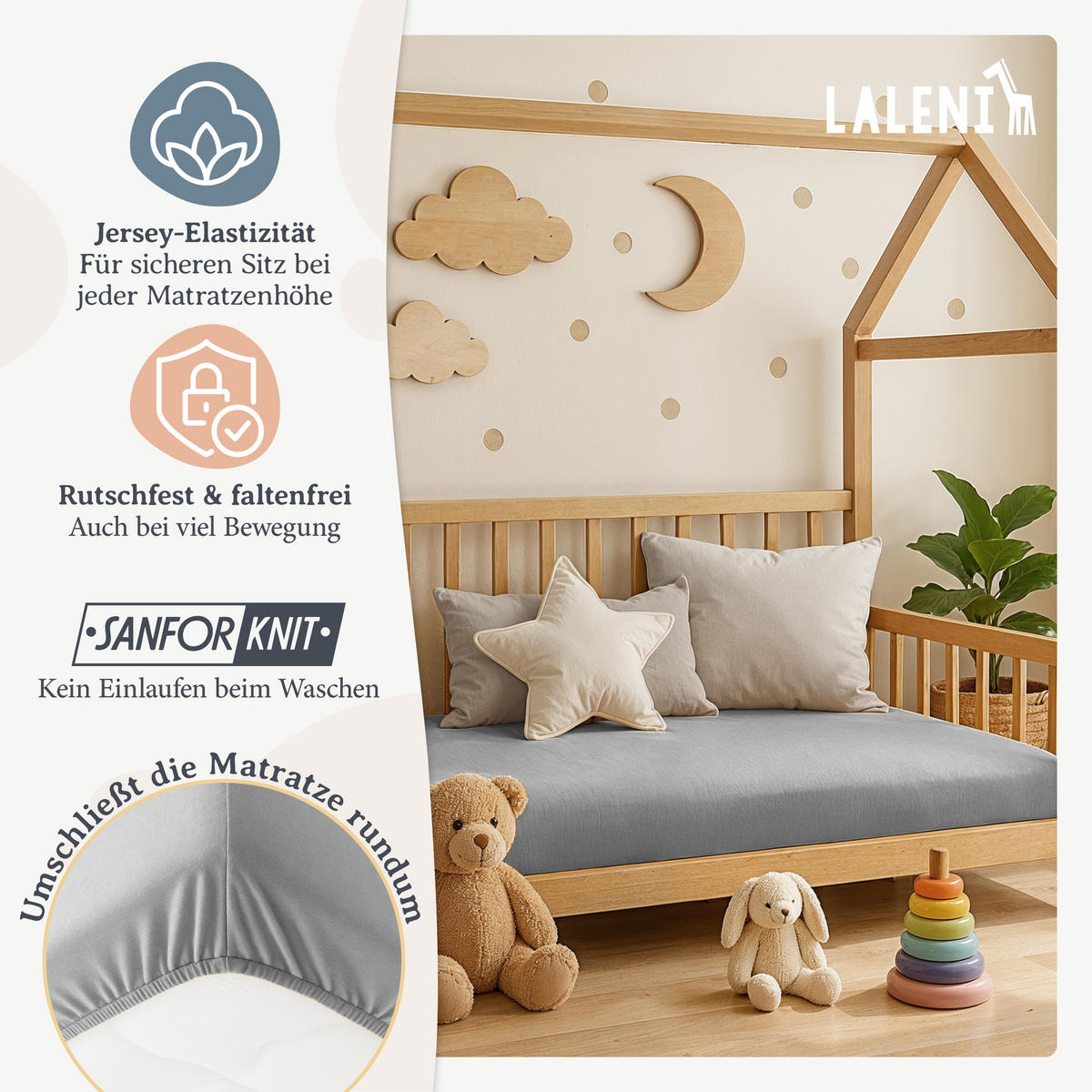 SPANNBETTLAKEN für Beistellbett & Stubenwagen – 100% Baumwolle, Atmungsaktiv & Weich, 50x89x10 cm, Grau - Grau, Textil (50/89cm) - Laleni