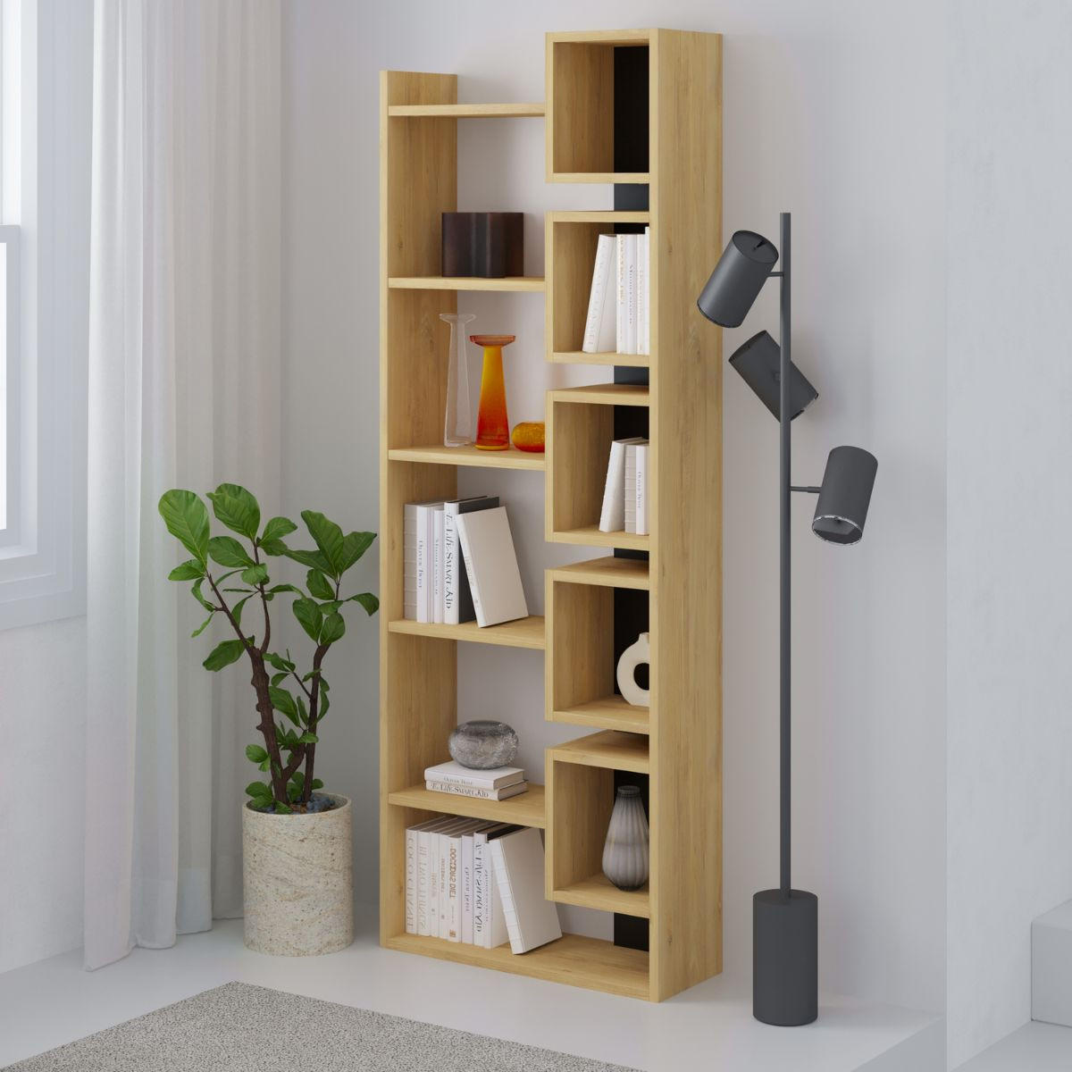 DESIGNOVÁ police Eladi, výška 168,5 cm - antracitová/dub bianco, kompozitní dřevo (22/168.5/60.4cm) - Calicosy