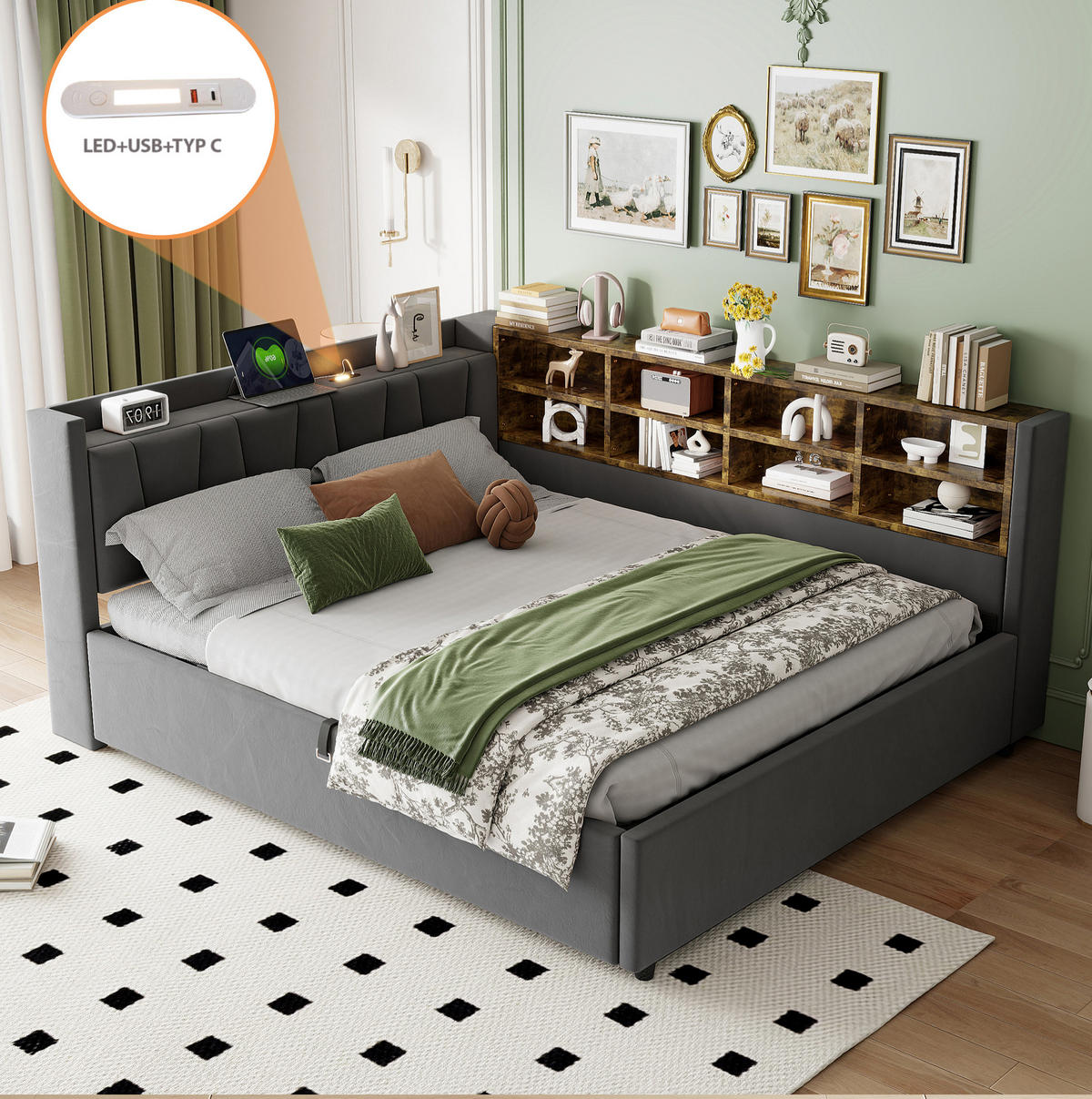 POLSTERBETT Schlafsofa aus Samt 140x200 cm Dunkelgrau mit Hydraulik-Stauraum, Nachtlicht, USB- und Typ-C-Anschlüssen - Grau, Textil (140/200cm) - Modfu