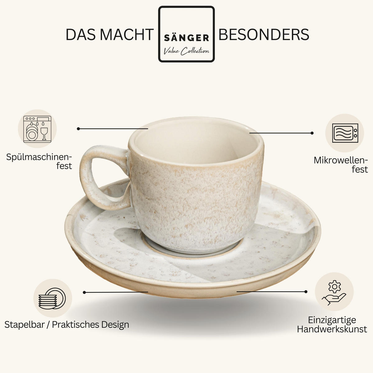 ESPRESSOTASSEN SET KEY WEST - 12 teilig aus Steingut - Creme, Stein (0.08L) - Sänger